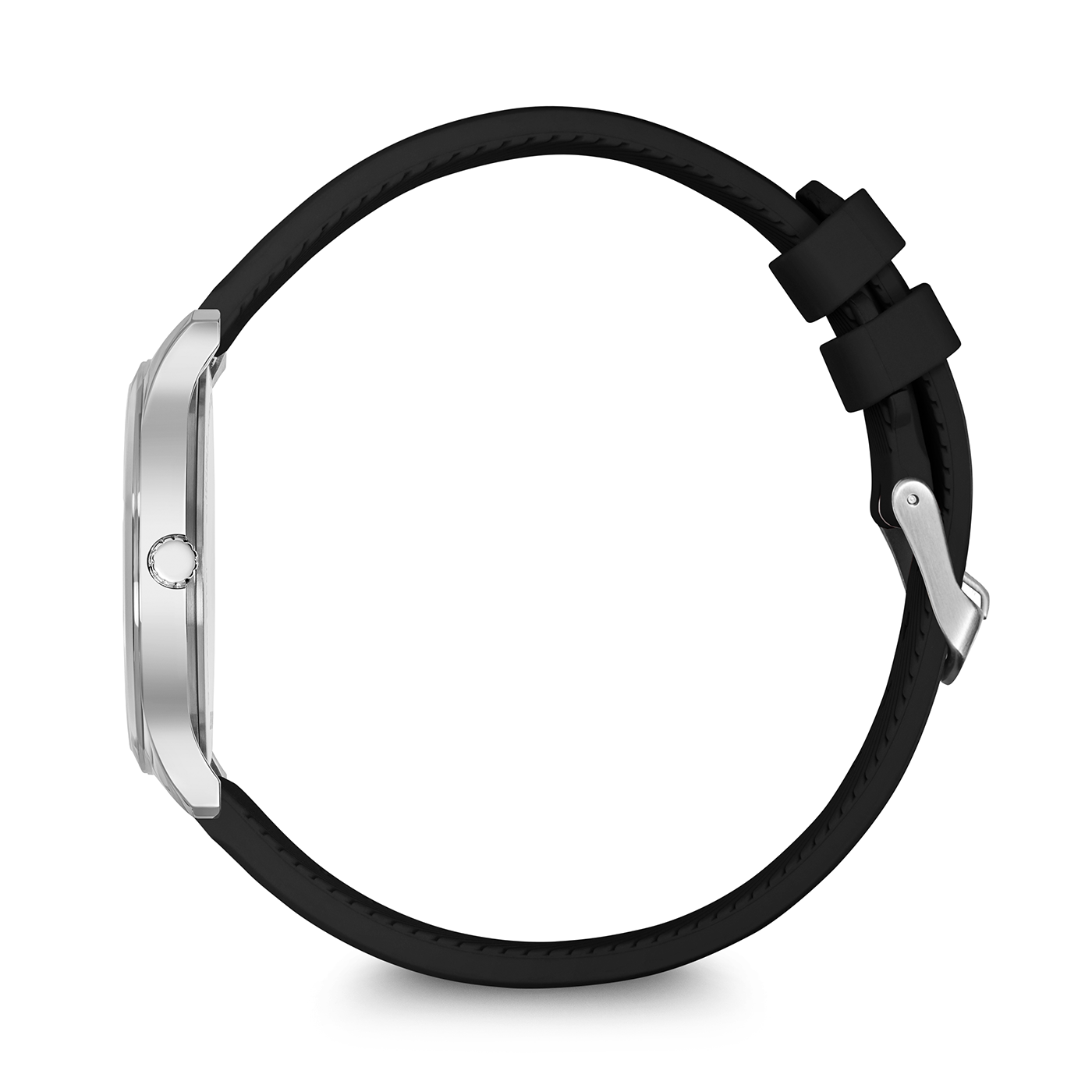 Watch with black strap, side view, silver case, black background