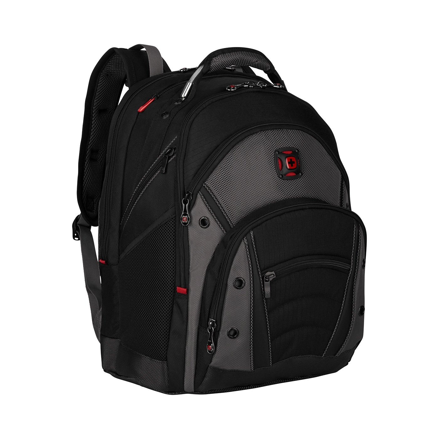 Black backpack with gray accents and red details on a black background, close-up.