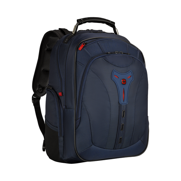 Blue backpack with red accents and logo isolated on a white background.