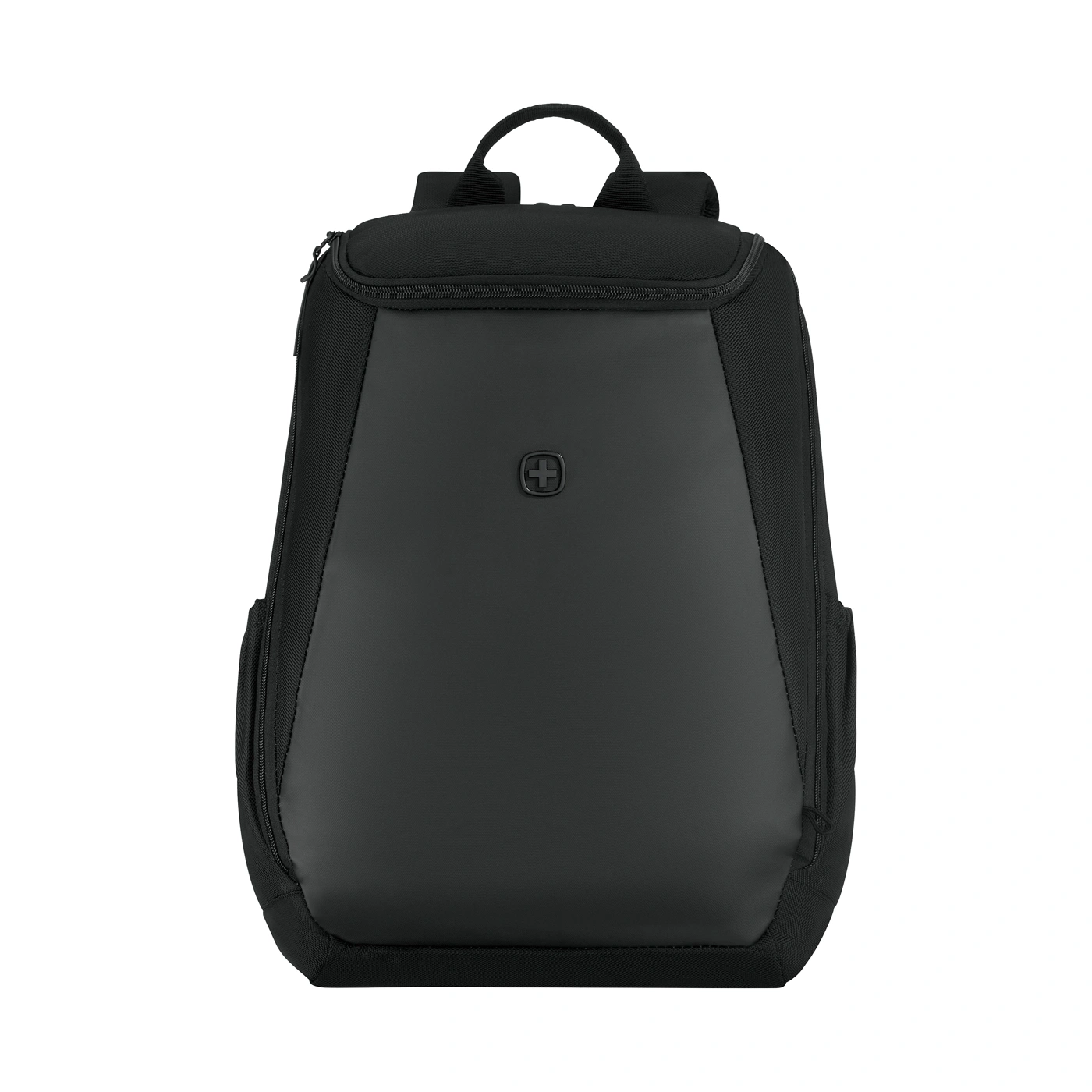 Black backpack with a silver logo on the front.