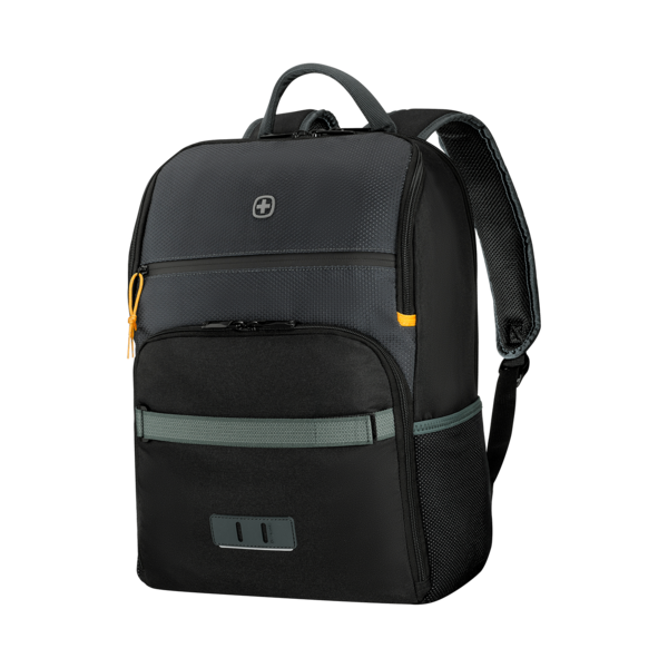 Black backpack with gray accent and yellow details isolated on black background.