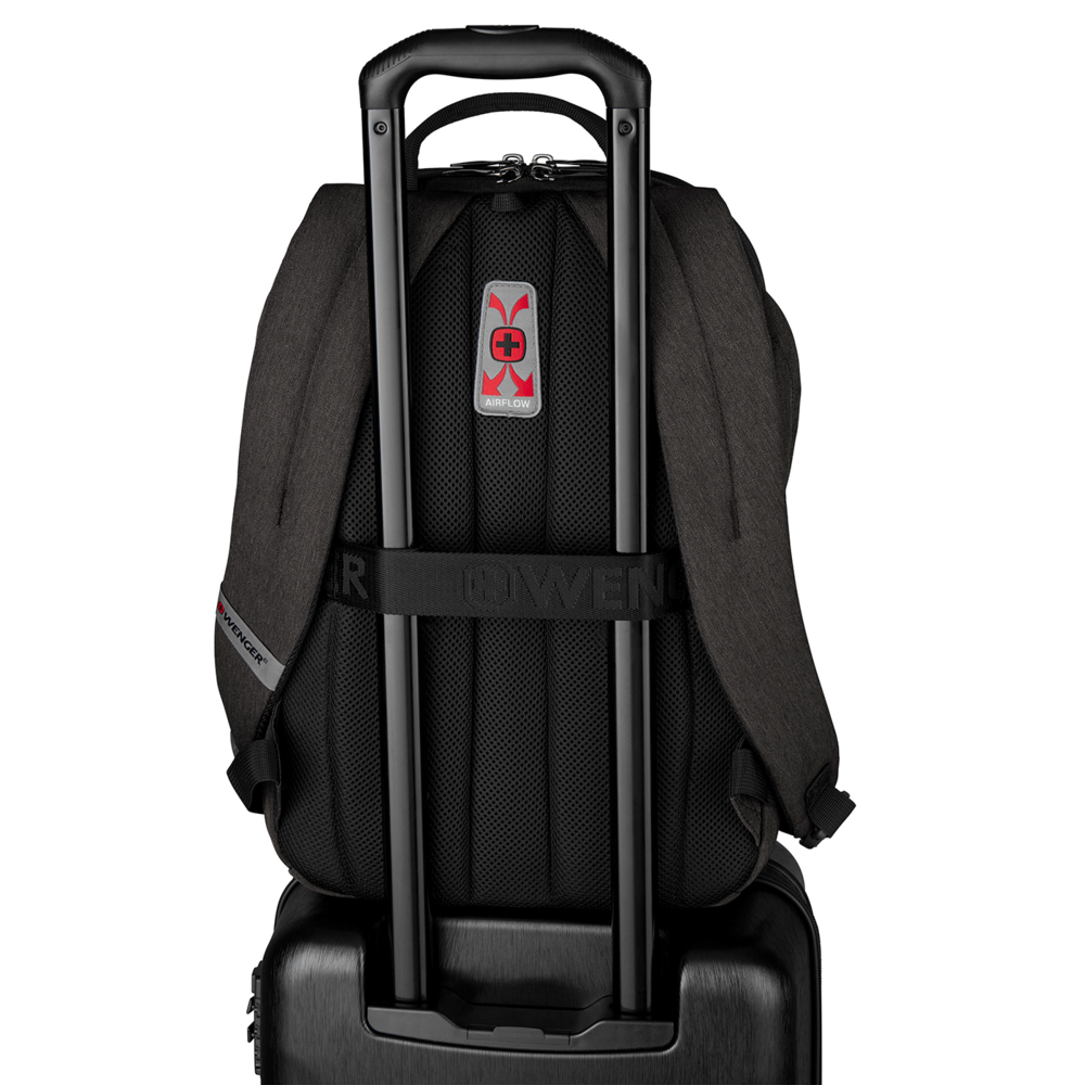 Black backpack with airflow system on a suitcase with a handle.