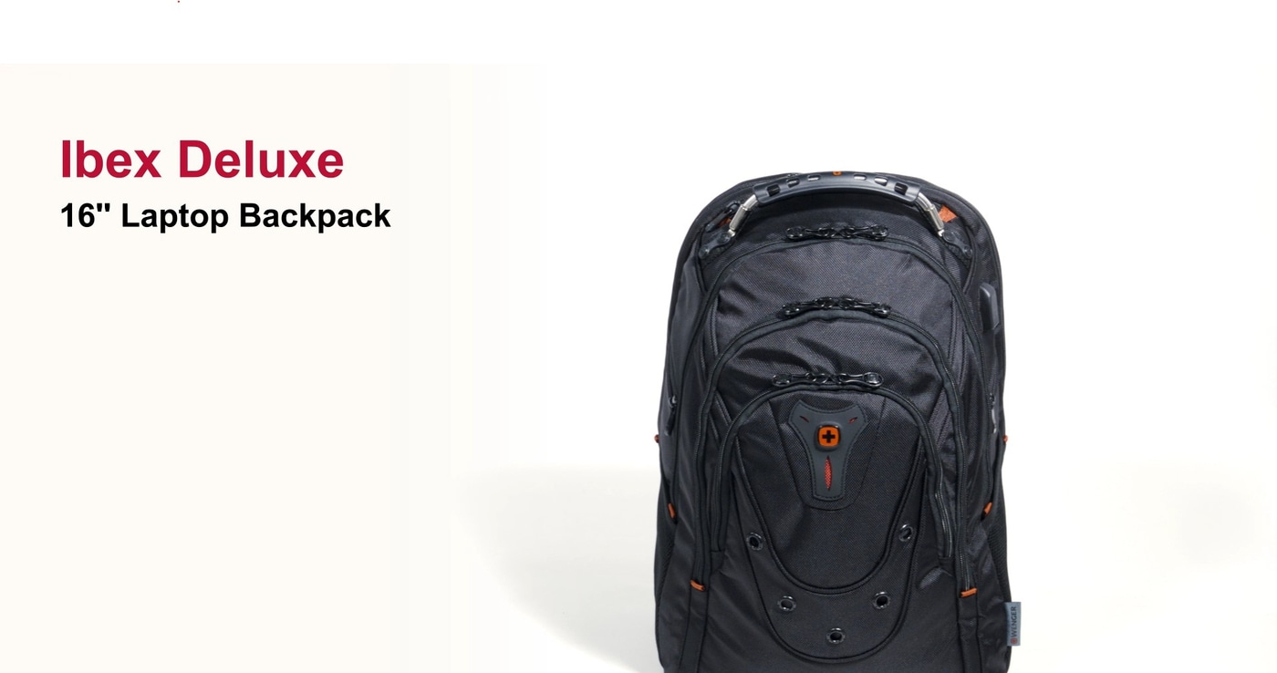 Black backpack with red text 'Ibex Deluxe 16" Laptop Backpack' on white background