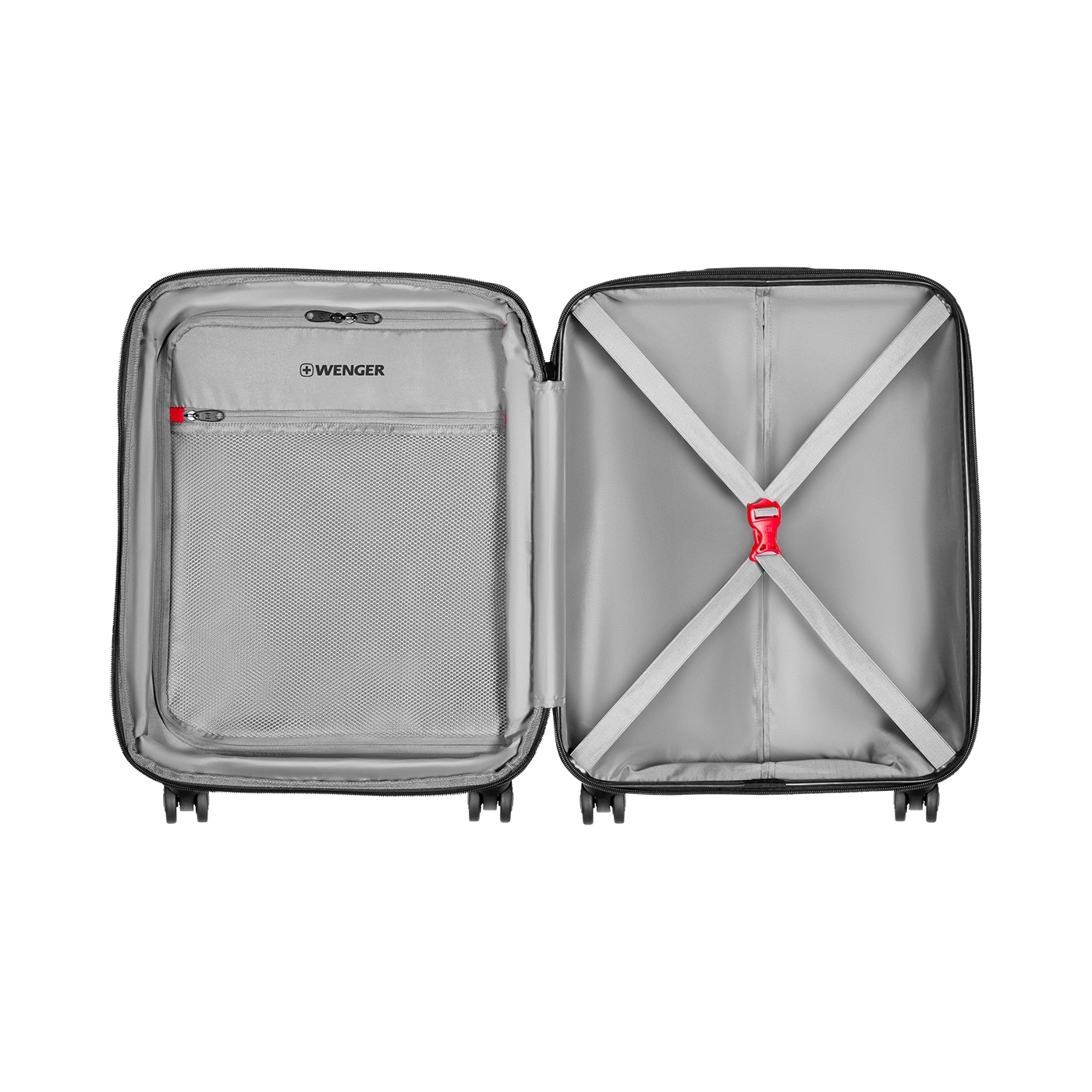 Open suitcase with gray interior and red clasp. Luggage for travel and storage.