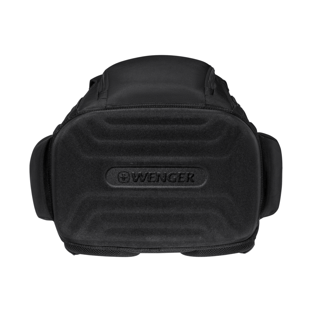 Schwarzer Wenger Rucksack von oben, mit gepolsterter Front und Seitentaschen.