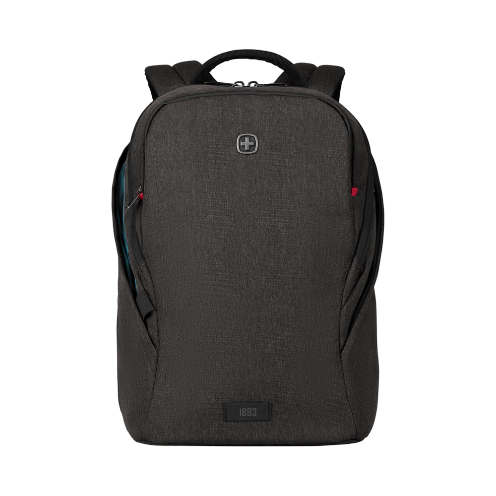 Dark gray backpack with logo and zippers on a black background.