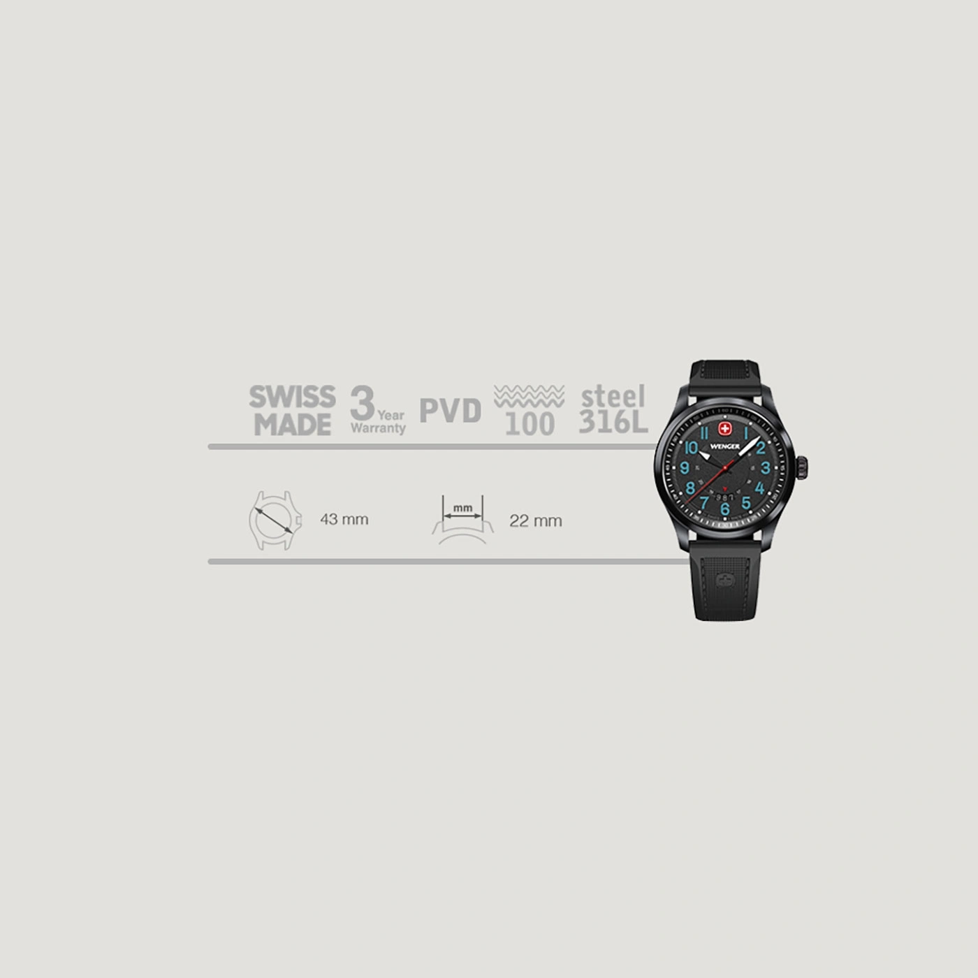 Black watch with dial, 43mm case, 22mm band, Swiss Made, 3 year warranty
