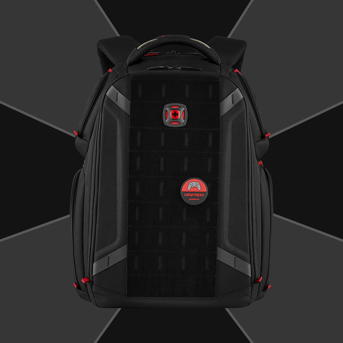 Black gamer backpack with red accents and logo on a black background.