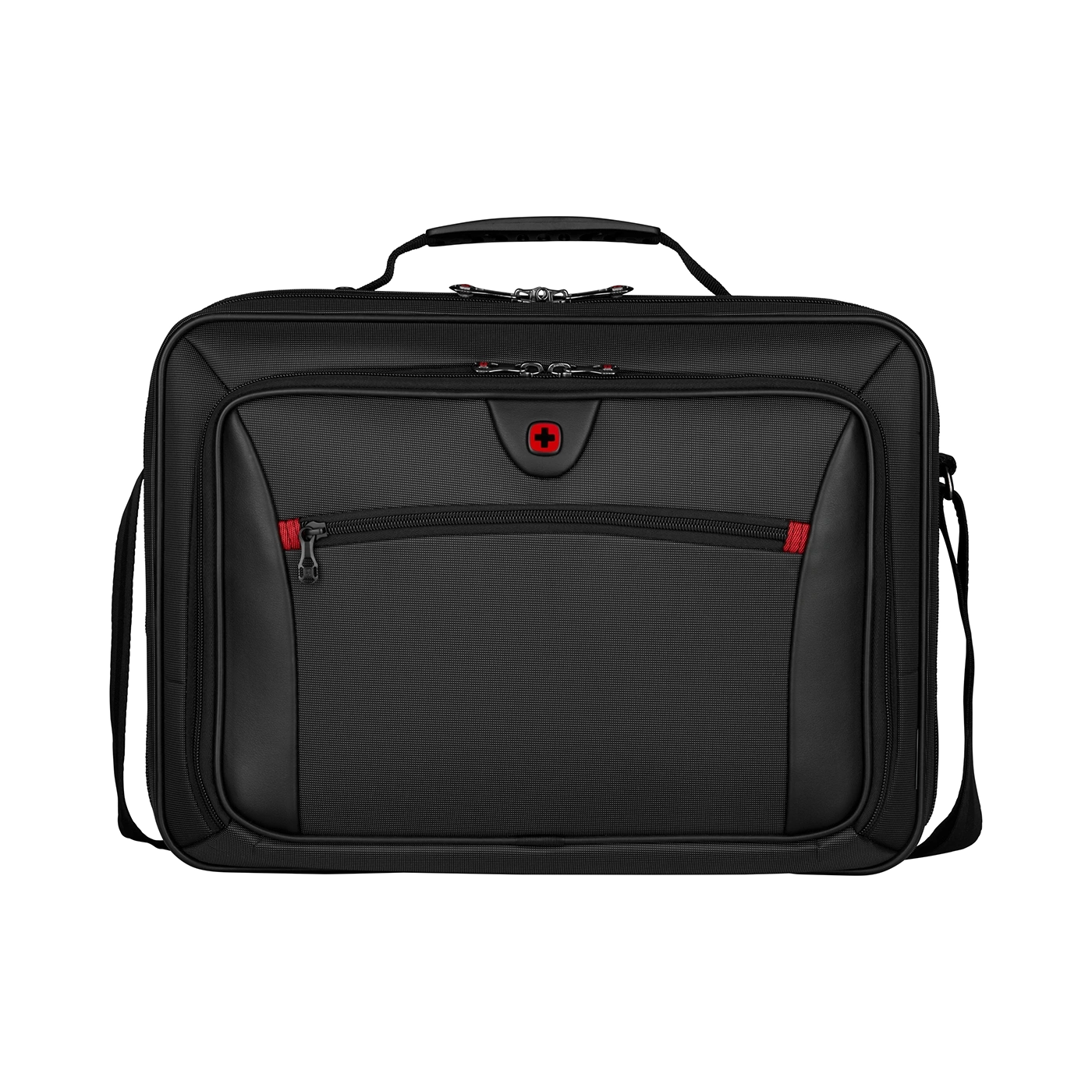 Black briefcase with red accents and Swiss cross logo on front