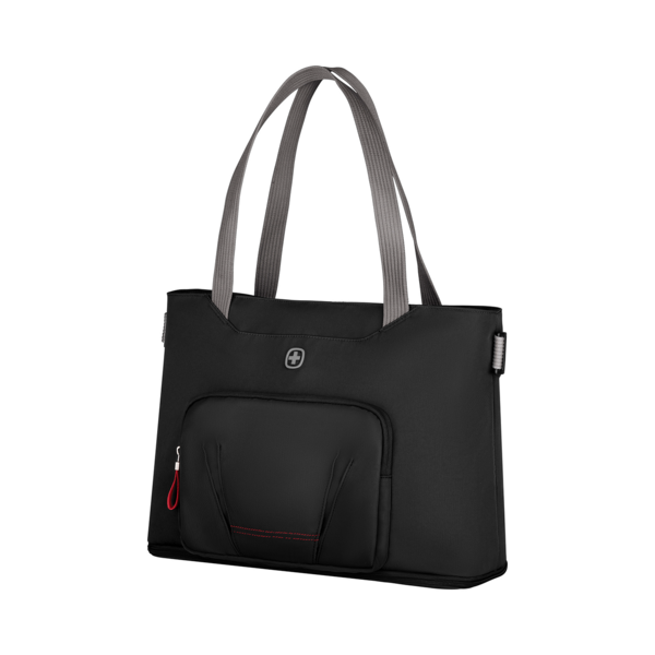 Black tote bag with gray straps and red zipper on a black background.