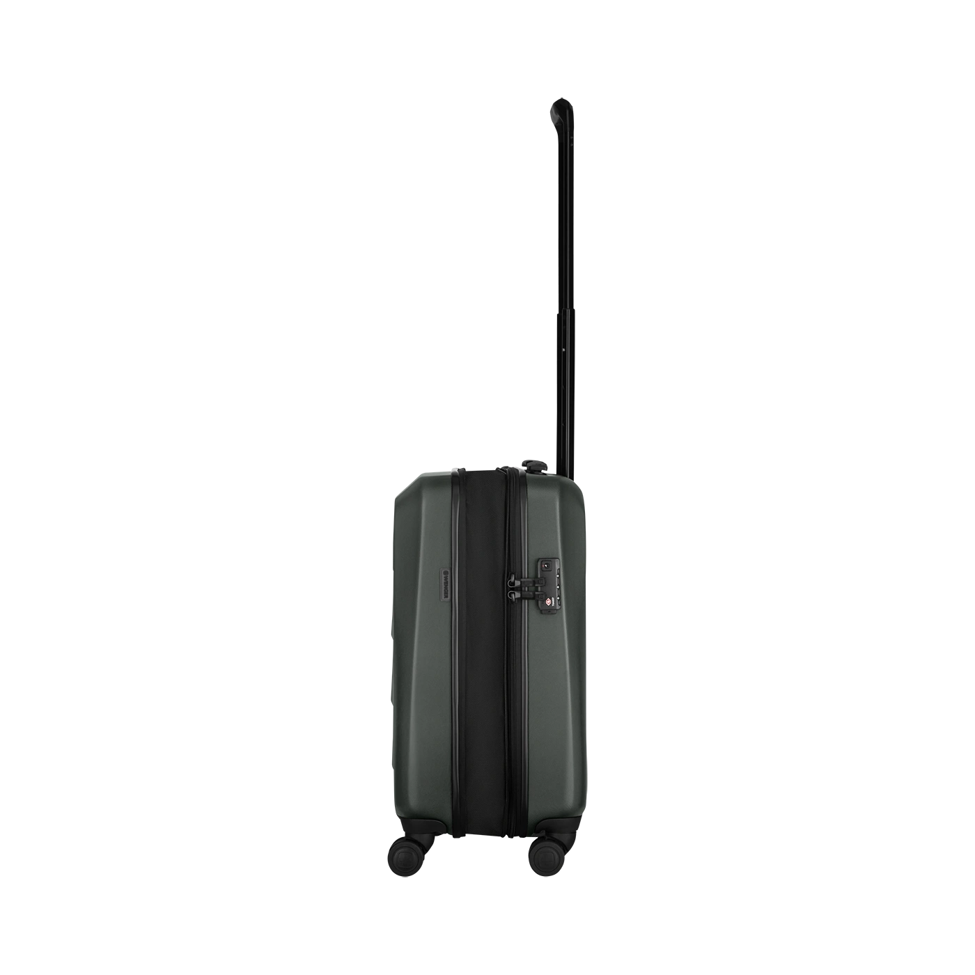 Dark green suitcase with retractable handle and wheels, isolated on a white background.