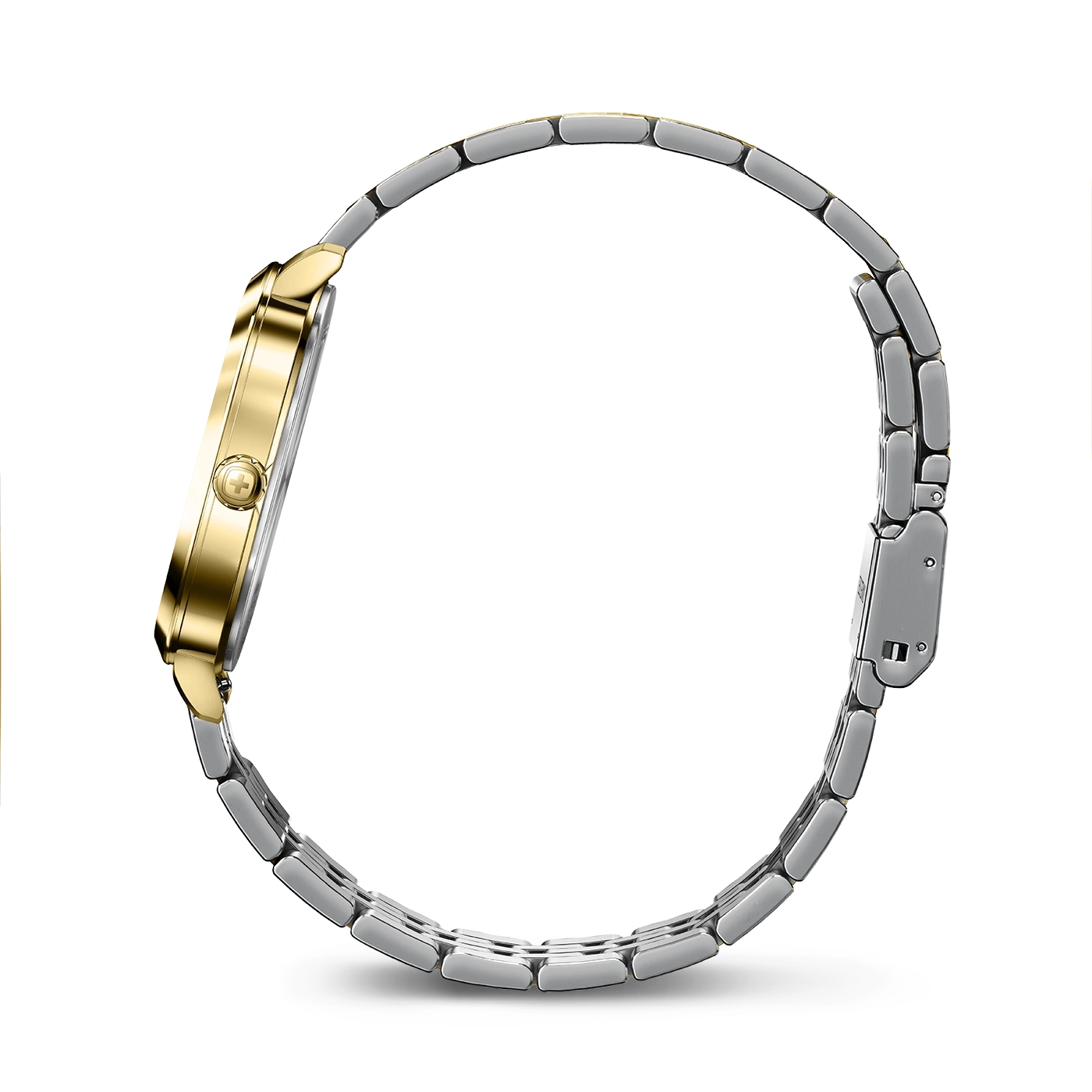 Gold watch with silver bracelet, side view, close-up, elegant design, luxury accessory