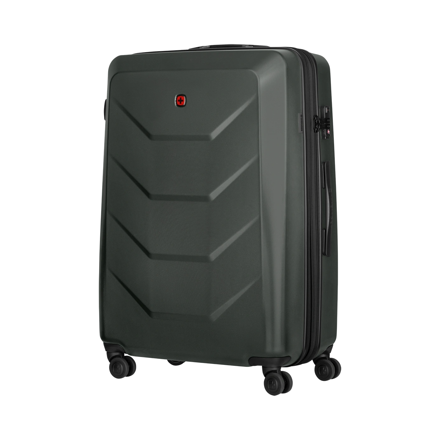 Dark green suitcase with red cross, wheels and zipper, hard shell luggage