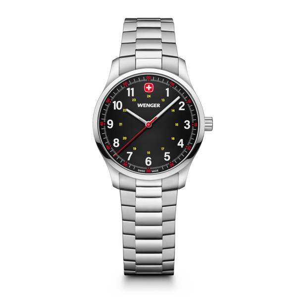 Wenger watch with black face and silver band. Swiss made, classic design.