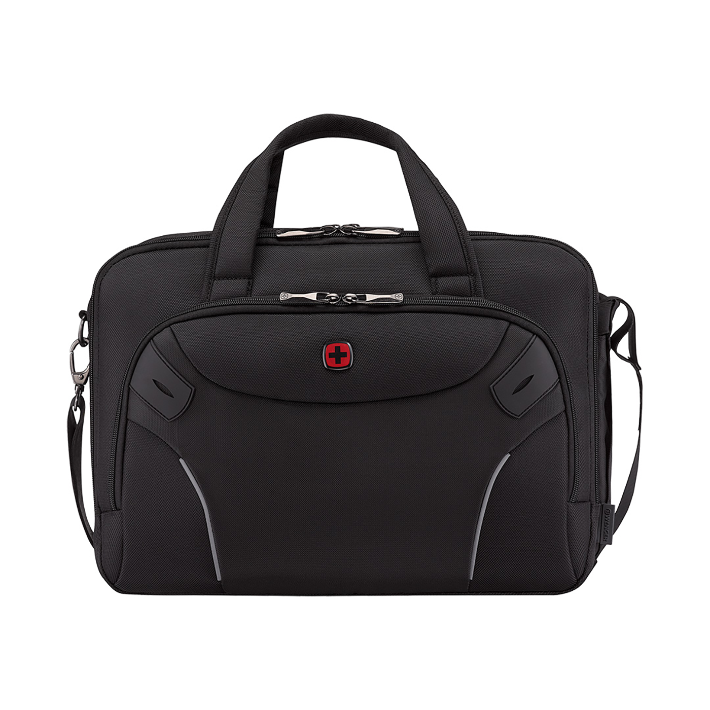 Black briefcase with handles and shoulder strap, Swiss cross logo on front