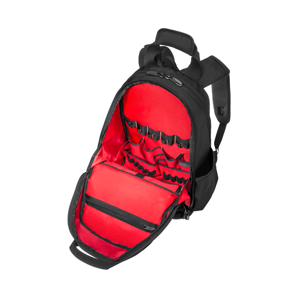 An open black tool backpack with a red interior and many compartments.
