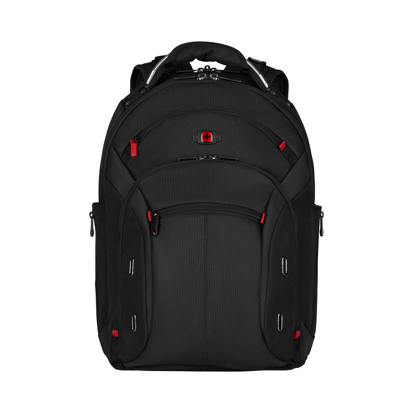 Black backpack with red accents and Swiss cross logo on a black background.