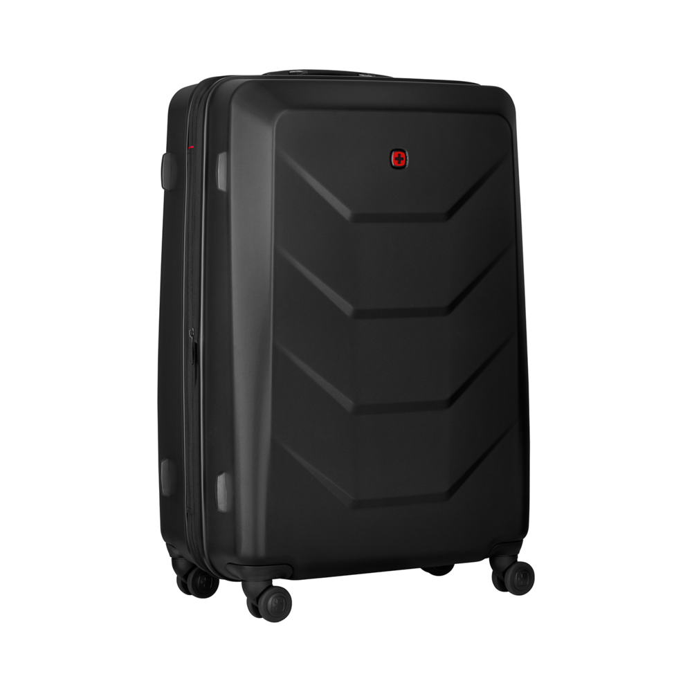 Black suitcase with red logo and wheels on a black background