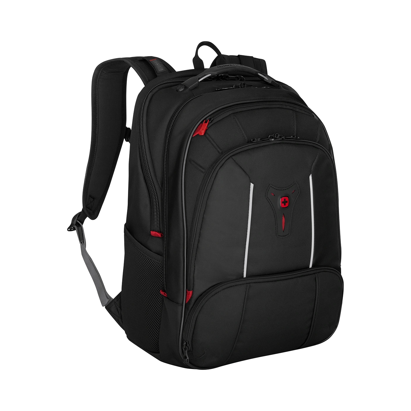 Black backpack with red accents and white stripe on a black background, isolated.