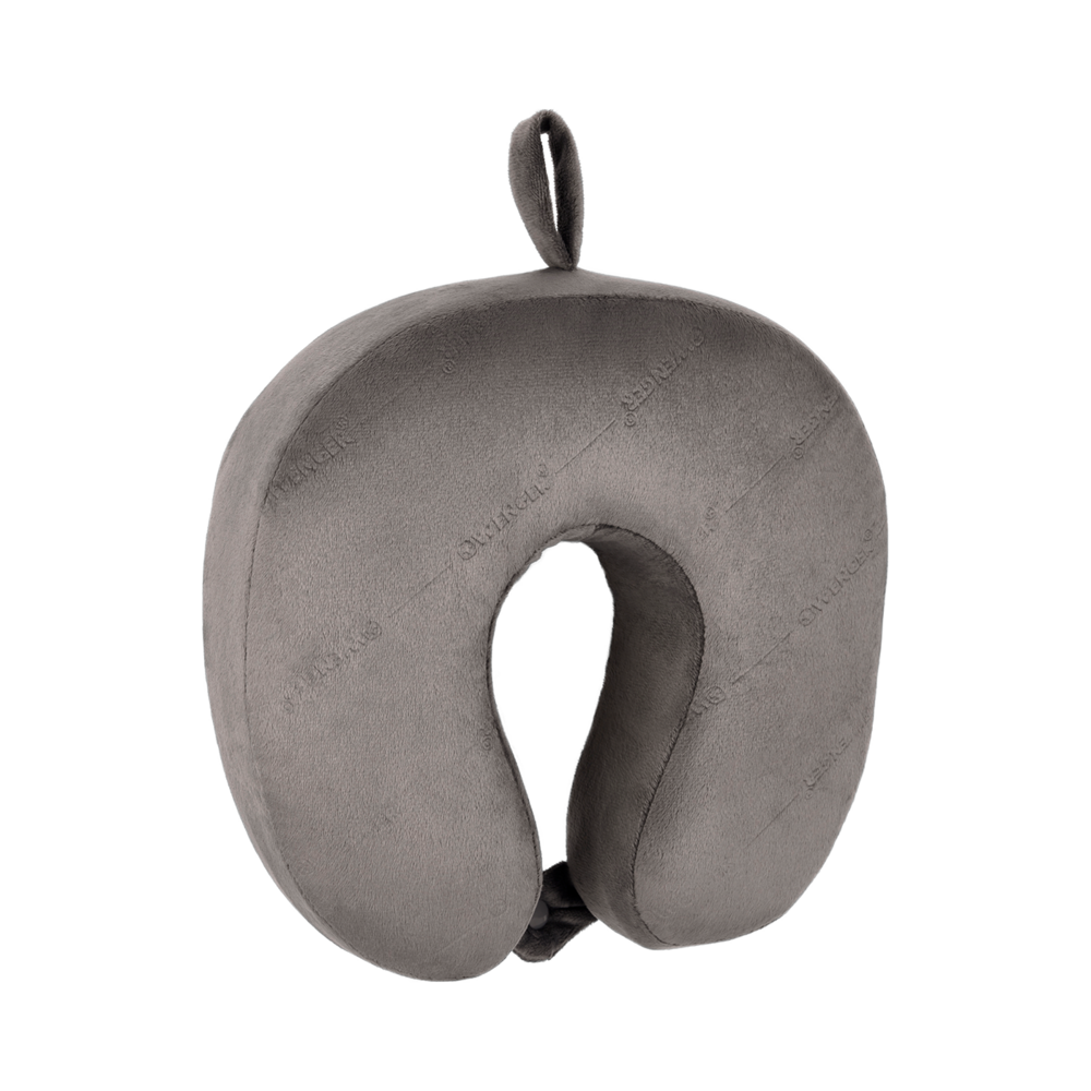 Gray neck pillow with handle on black background, travel pillow