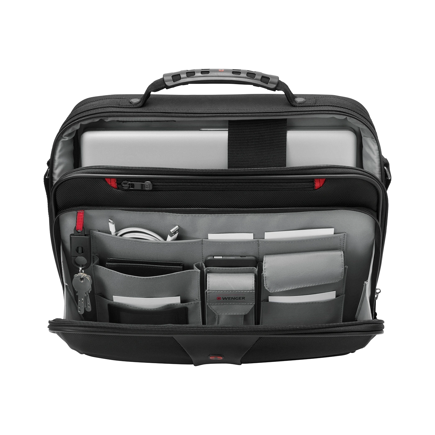 Black briefcase with laptop and accessories, open, seen from above, Wenger brand.