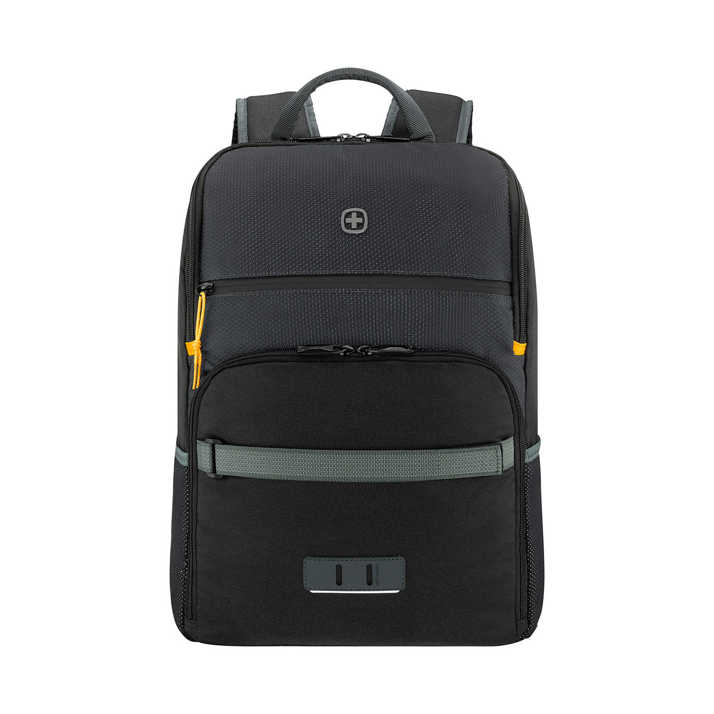 Black backpack with gray accents and logo on a black background, modern design.