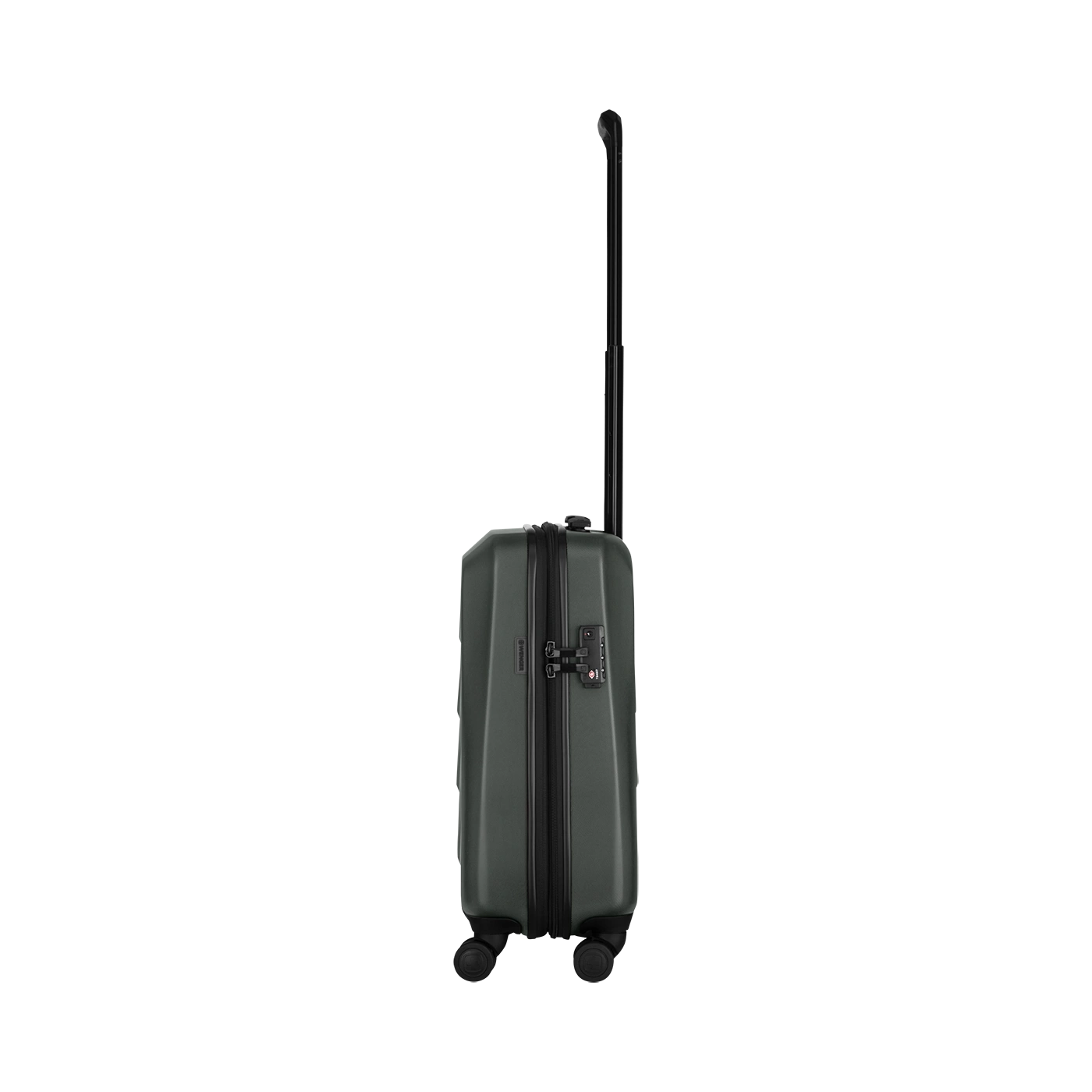 Dark green suitcase with retractable handle and combination lock, isolated