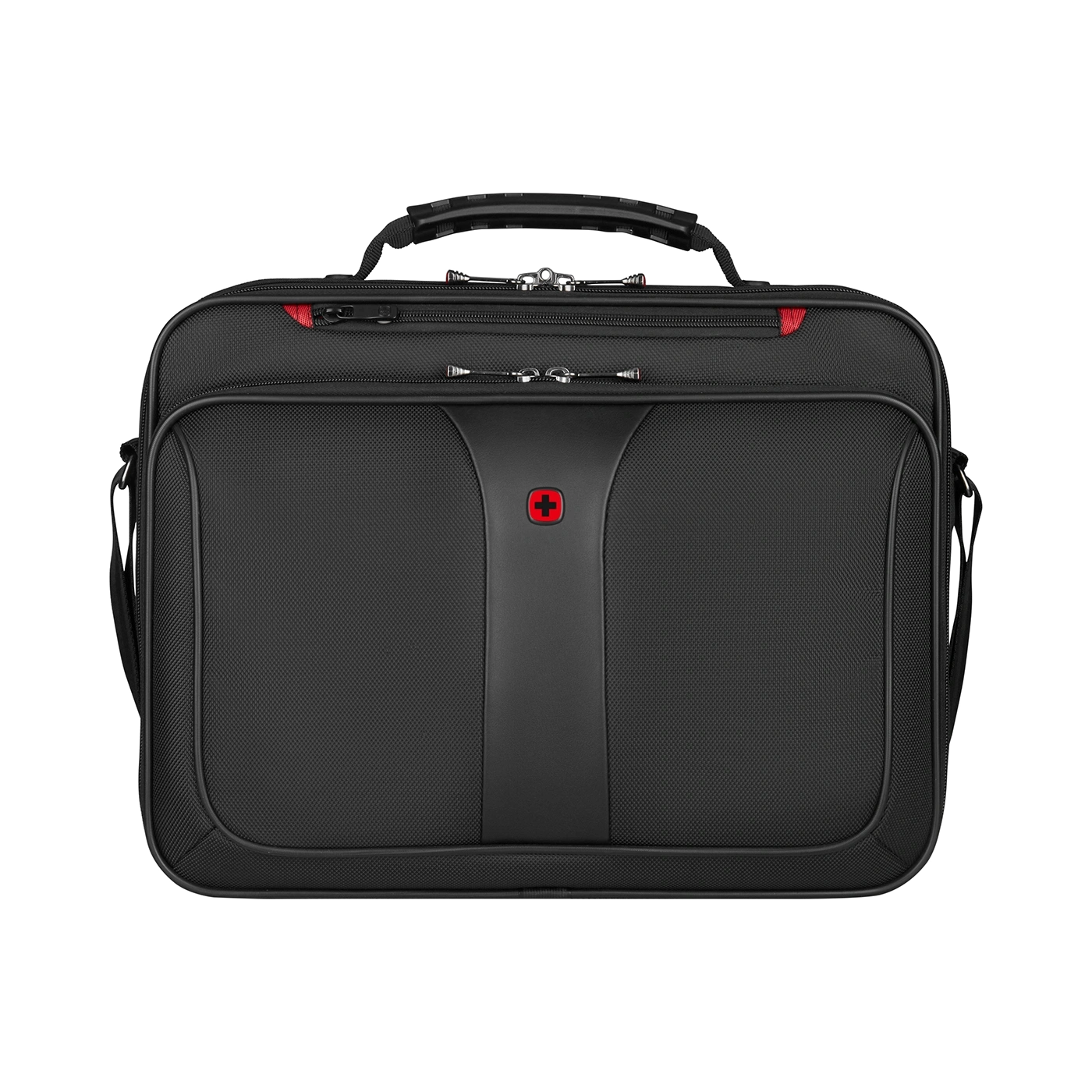 Black briefcase with red cross and zippers, handle, business bag, travel