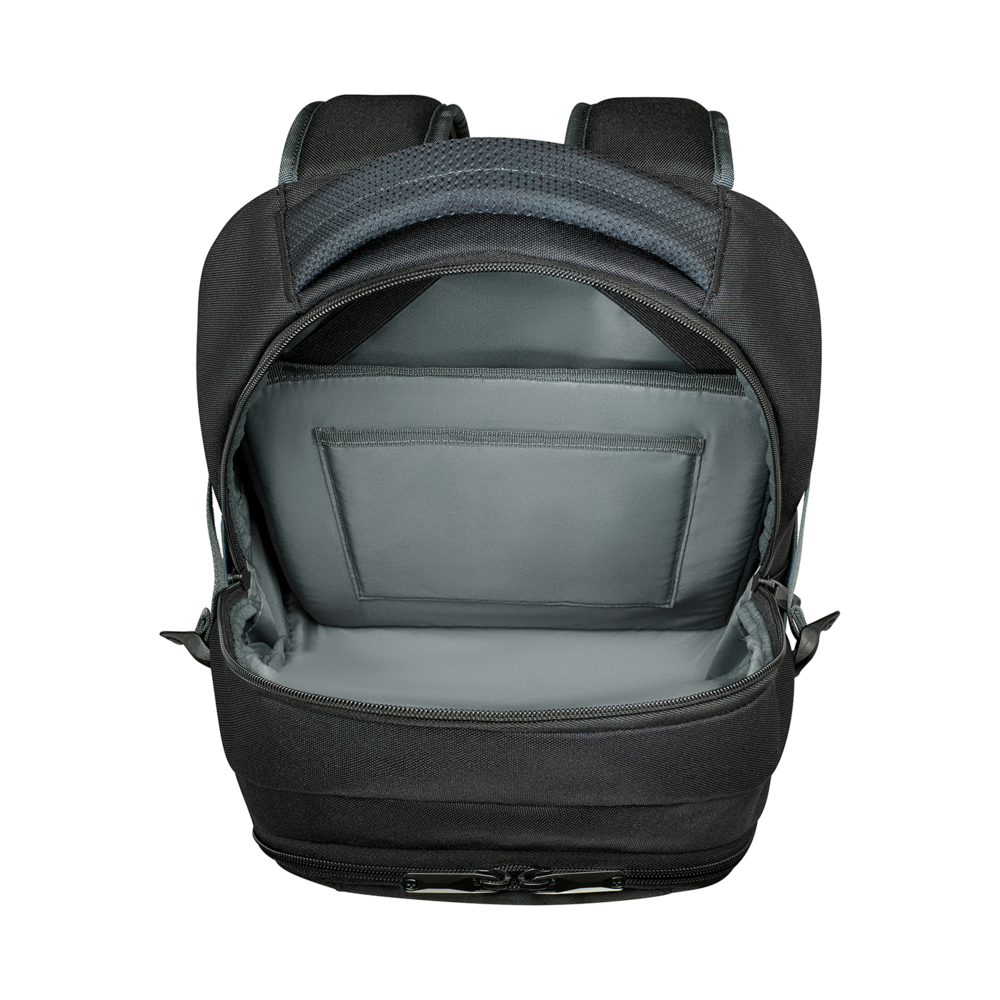 Black backpack, open, with gray interior and zipper, ready to be filled.
