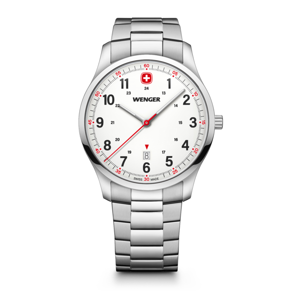 Wenger watch with white face, silver band, and red second hand, Swiss made.