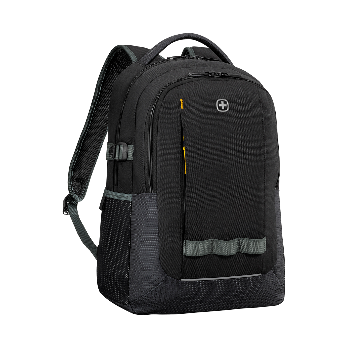Black backpack with yellow accents and logo on a black background, side view.