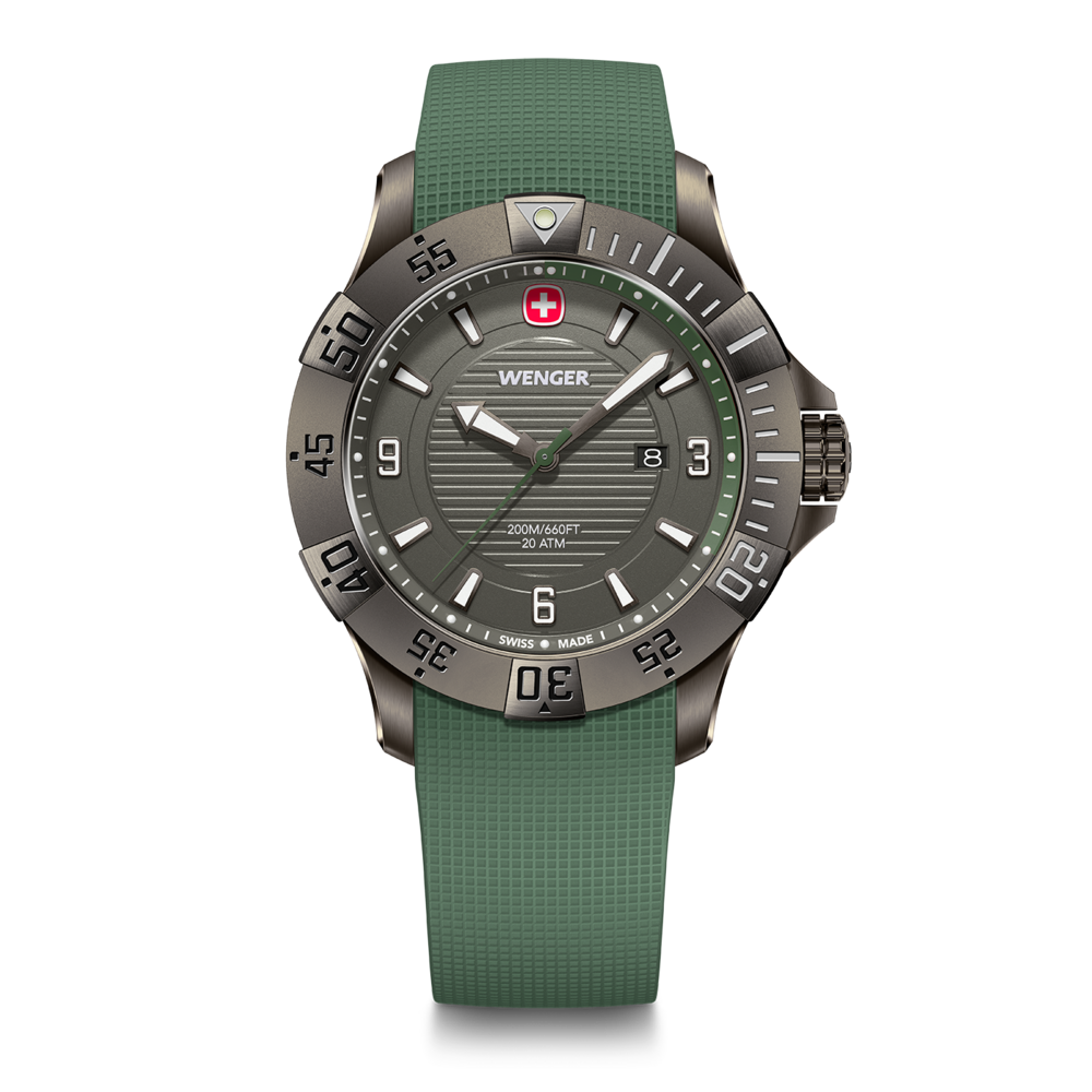 Wenger watch, green, date display, Swiss Made, 20 ATM, 200M/660FT, with a green strap.