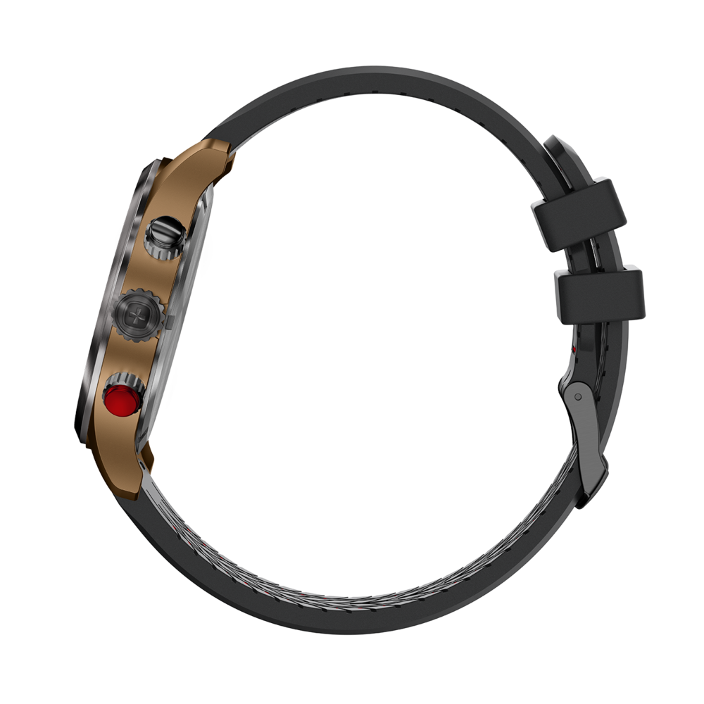 Side view of a watch with a black strap and gold case, detailed shot