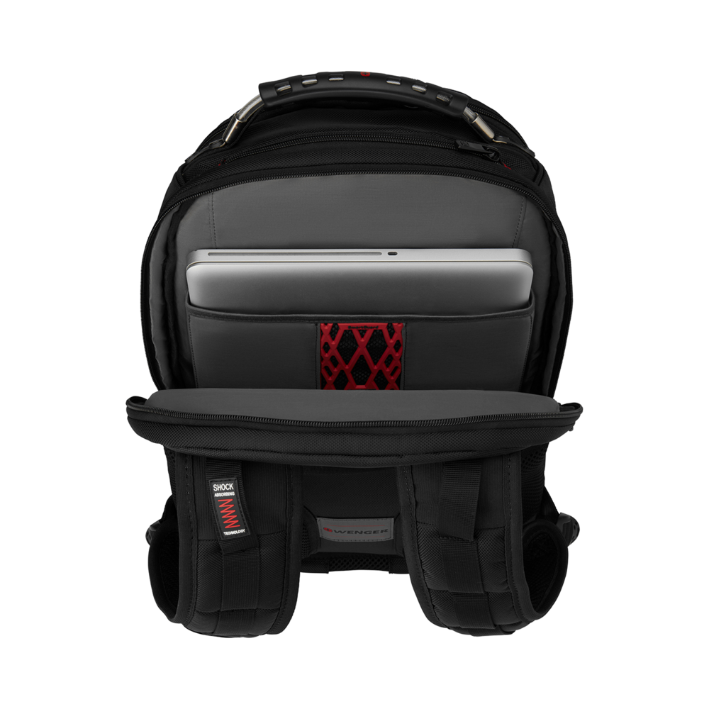 Black backpack with laptop inside, open, Wenger logo, Shock Absorbing technology