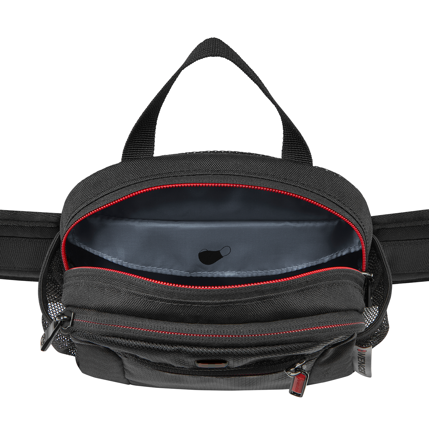 Black bag with red zipper open, handle, and logo, on a black background.