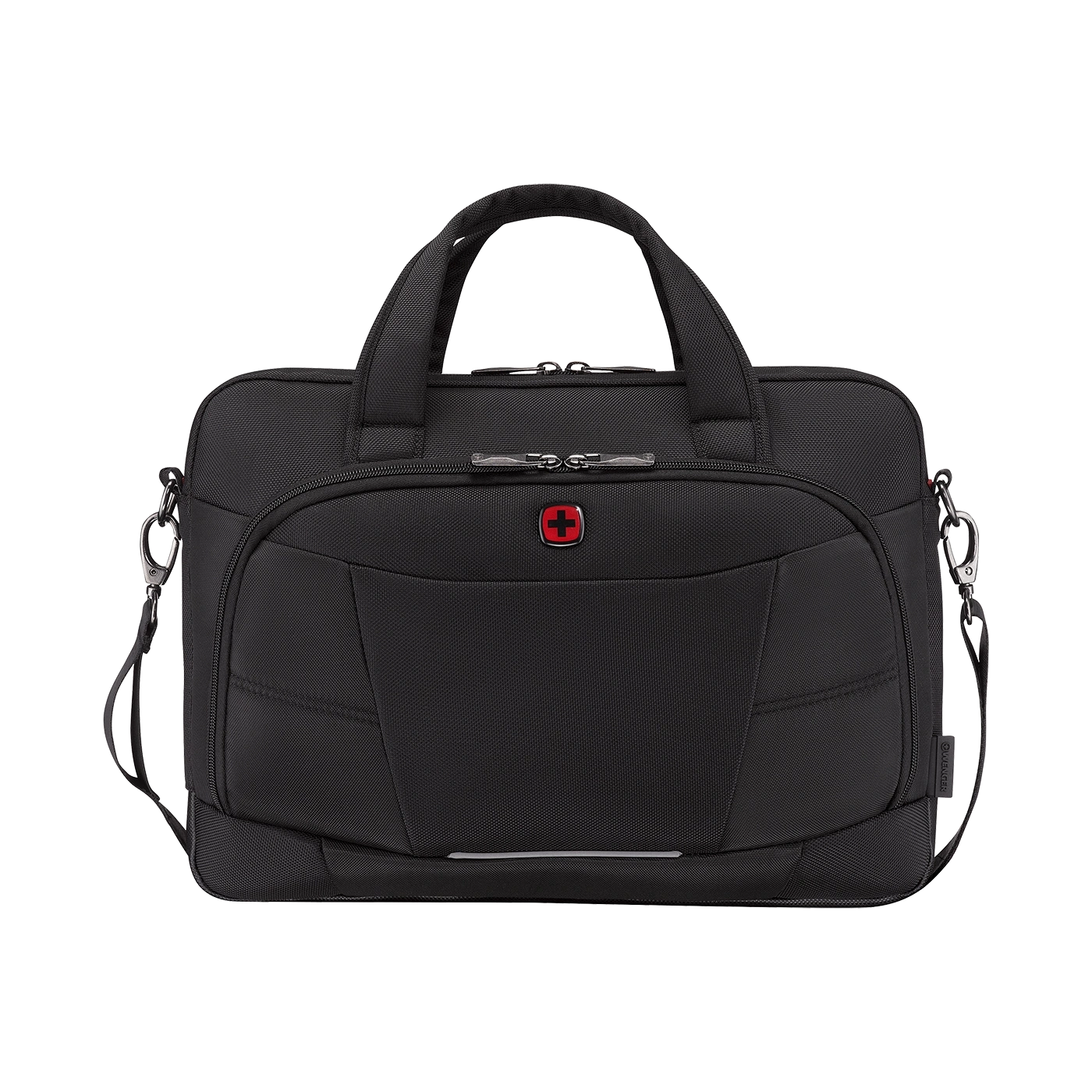 Schwarze Laptoptasche mit rotem Schweizer Kreuz Logo und Tragegriffen.