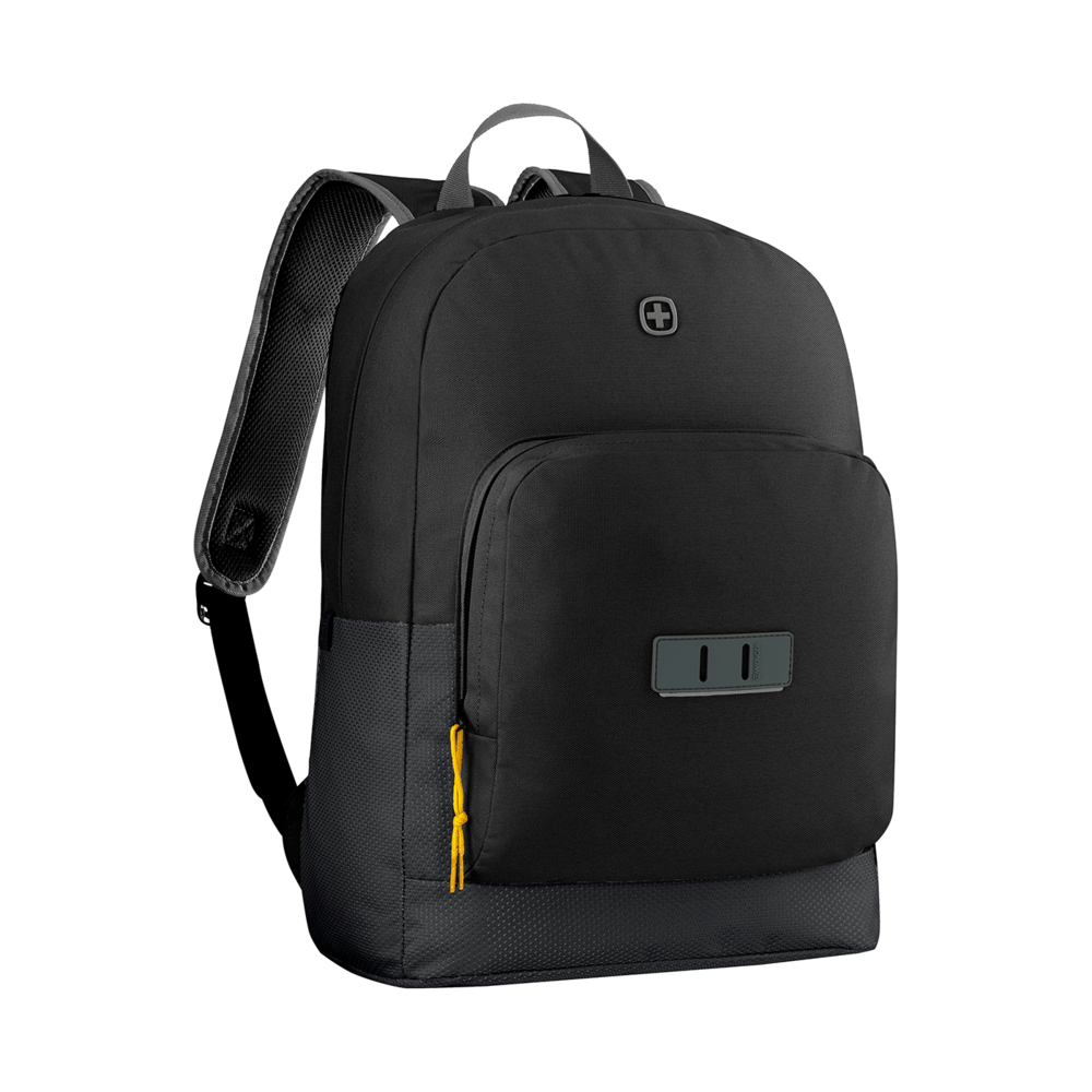 Black backpack with yellow accent and logo on a black background.