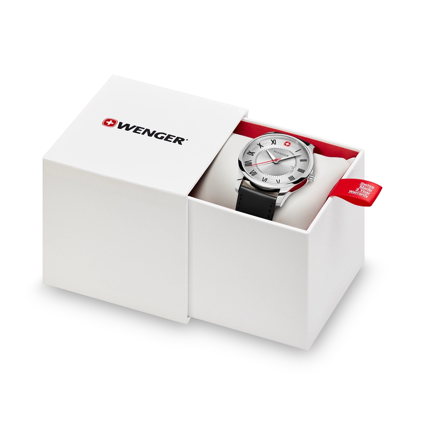 Wenger watch in a white box with red lining and warranty tag