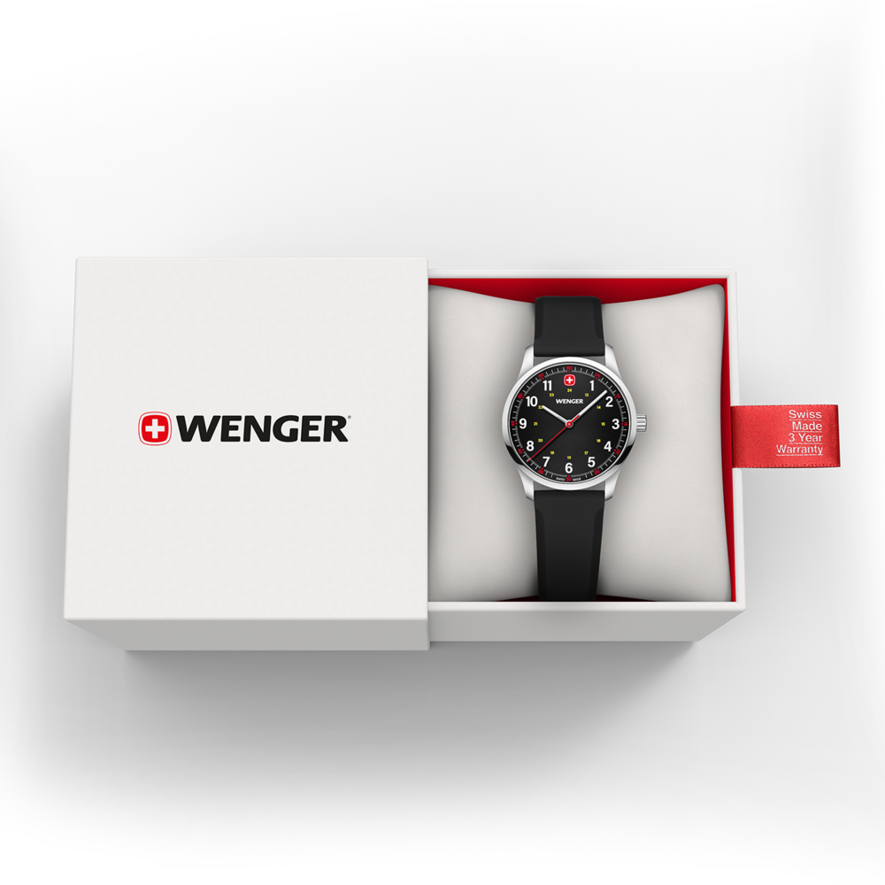 Wenger watch in a box, Swiss made, 3 year warranty, black strap, elegant design