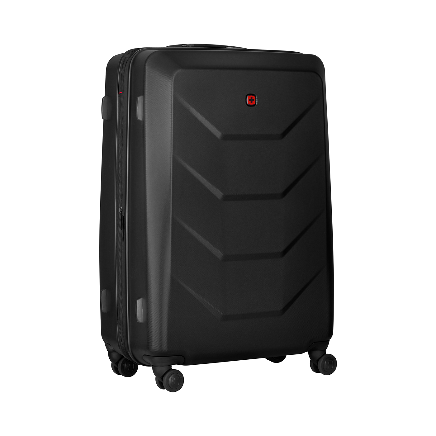 Black suitcase with red logo and wheels on a black background
