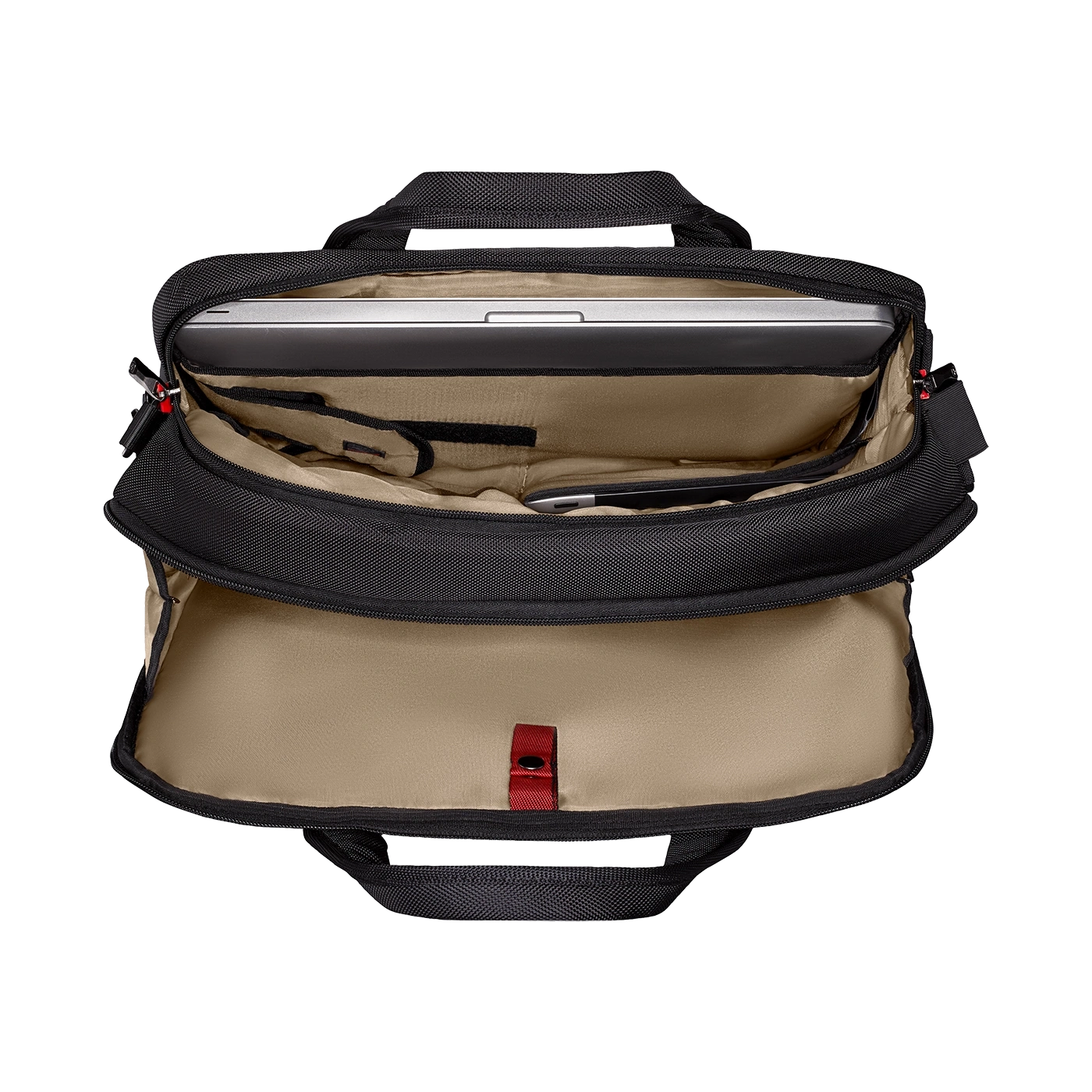 Black laptop bag, open, with laptop and accessories, inside view, close-up