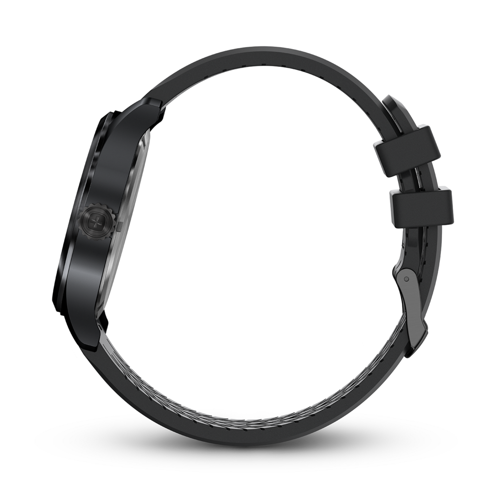 Black watch with black strap, side view, on a black background, elegant.