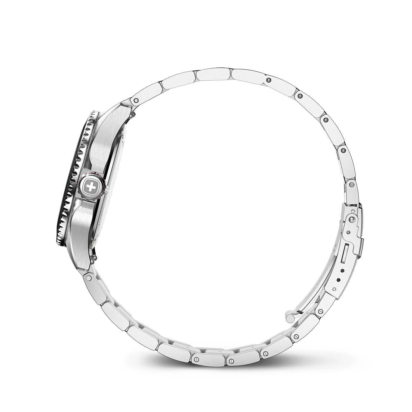 Stainless steel watch with silver bracelet on white background