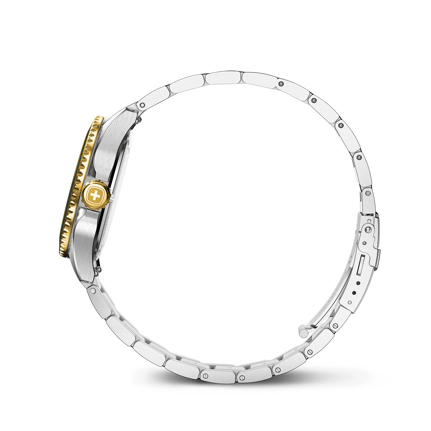 A silver watch band with a gold bezel and a cross emblem.