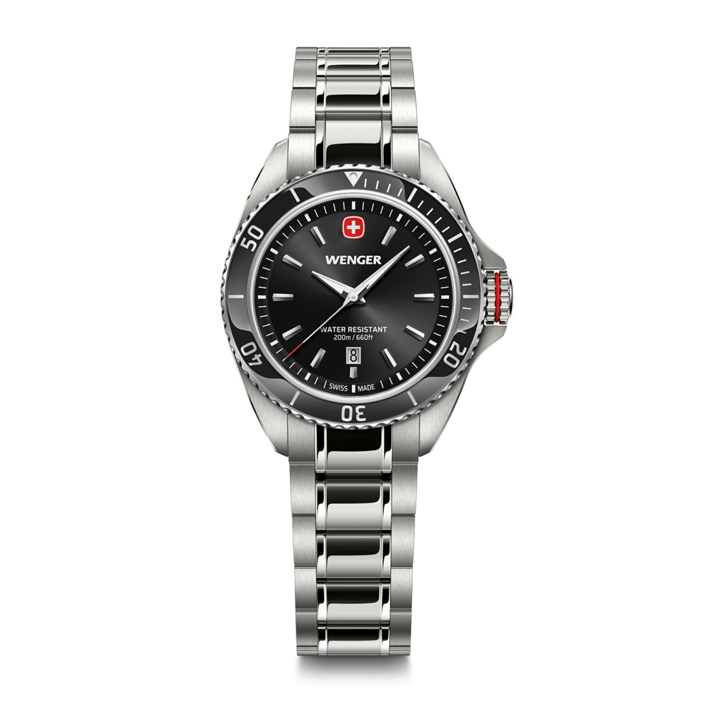Wenger watch with black dial and date display on a silver bracelet.
