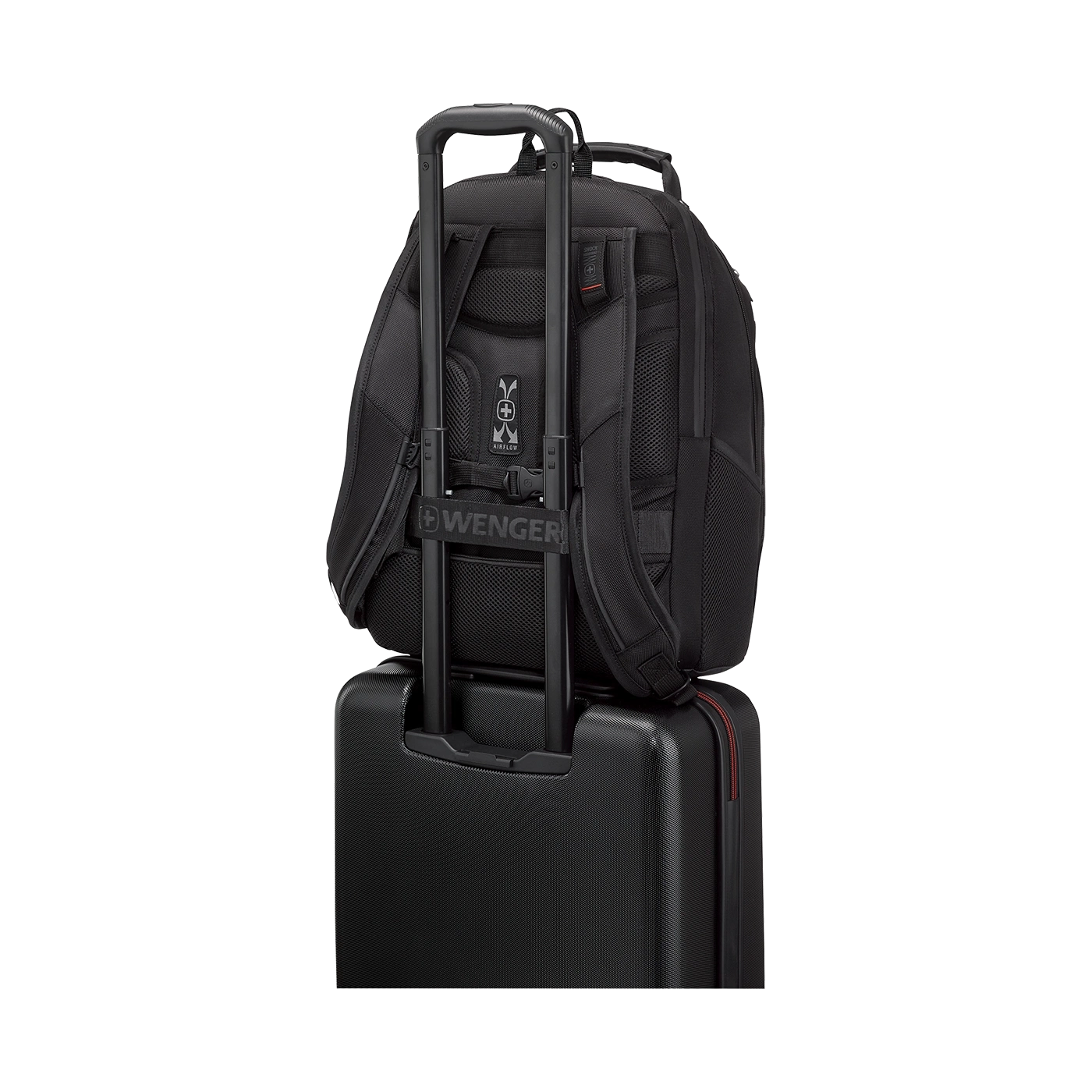 Black backpack on black suitcase with handle, Wenger logo, travel luggage.