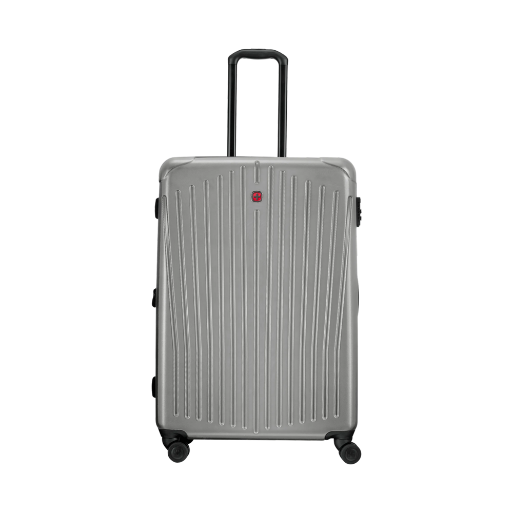 Silver suitcase with handle and wheels isolated on black background