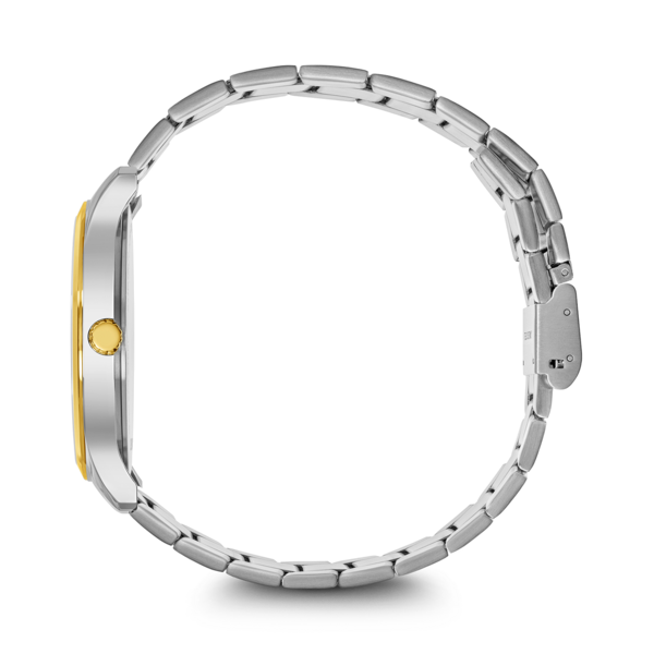 Side view of a watch with a silver band and gold face on black background