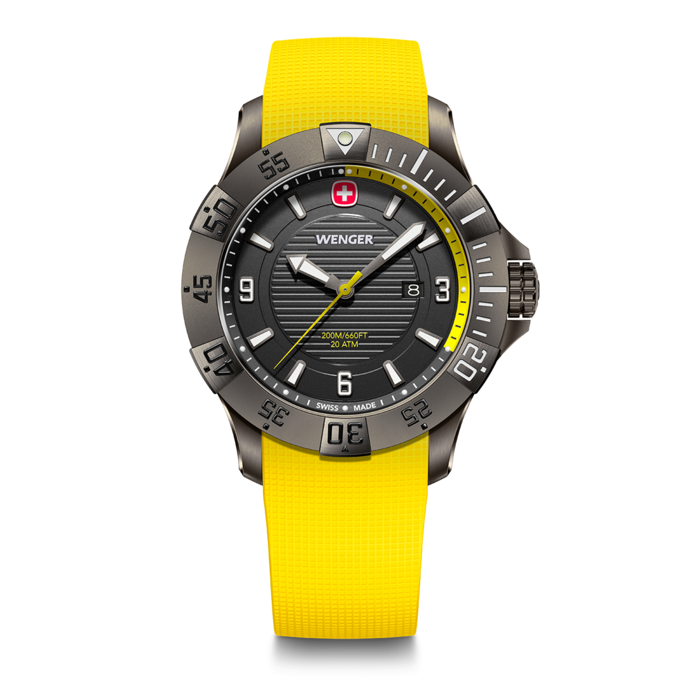 Wenger watch with yellow strap, black dial, and Swiss cross logo.