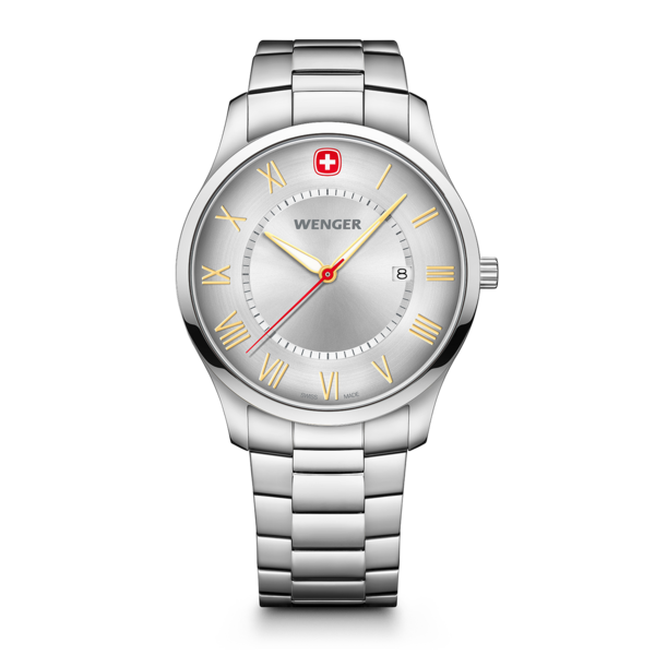 Wenger watch with silver dial and Roman numerals on a black background